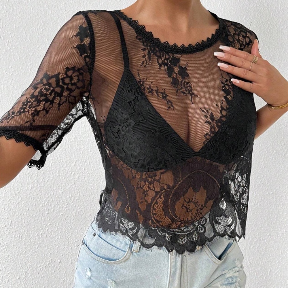Black Floral Semi Sheer Short Sleeve Lace Top - Picture 4 of 6